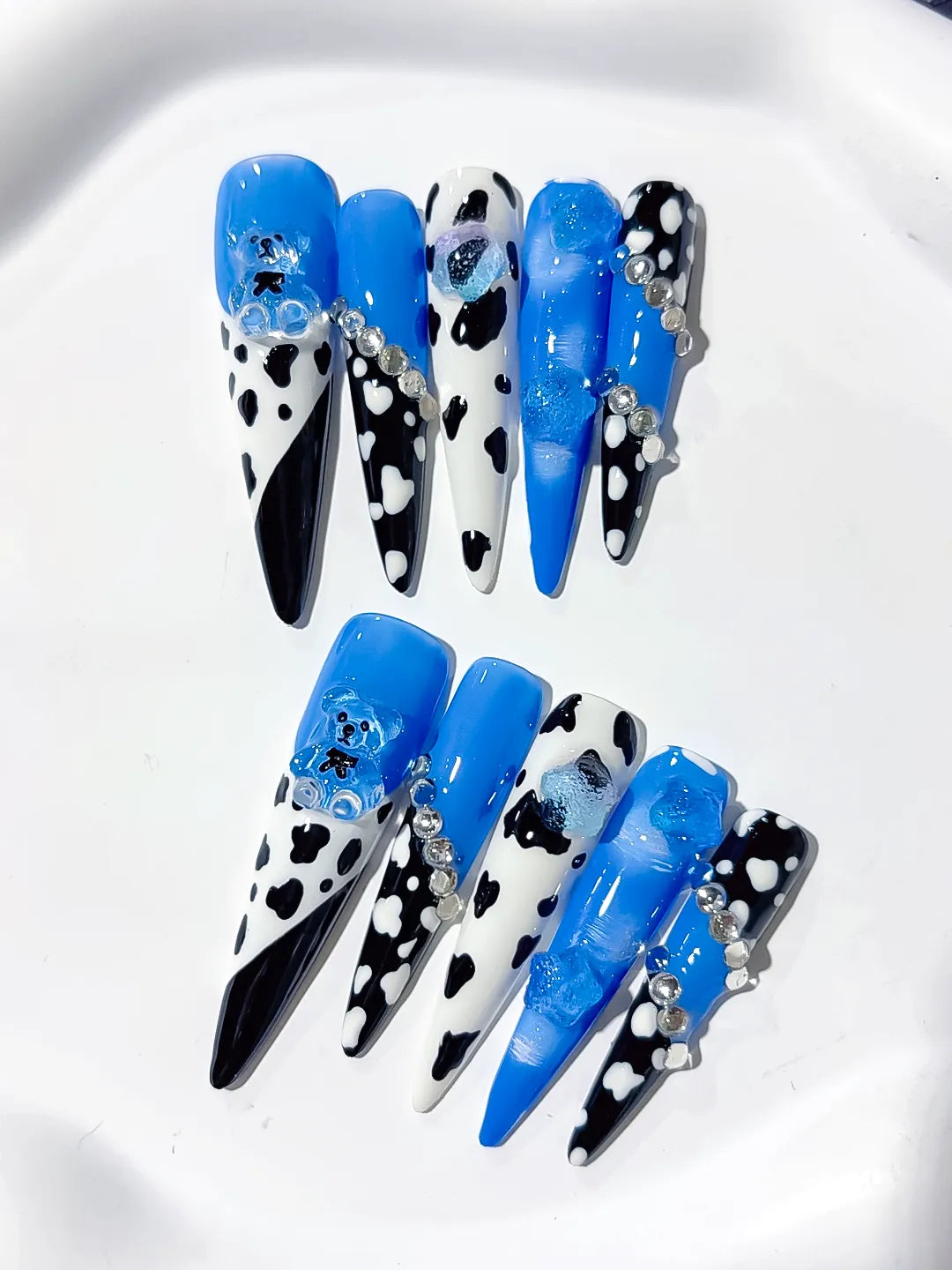 Blue Black White Silver Abstract Animal Print Flower Rhinestone 3D press on nails close up