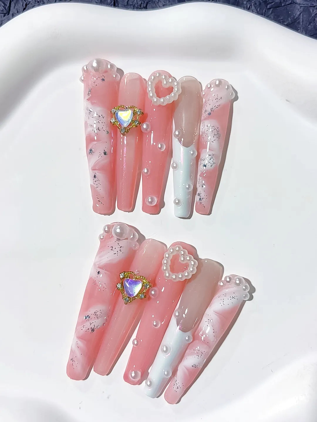 Pink White Silver Glitter Heart Pearl Rhinestone press on nails close up