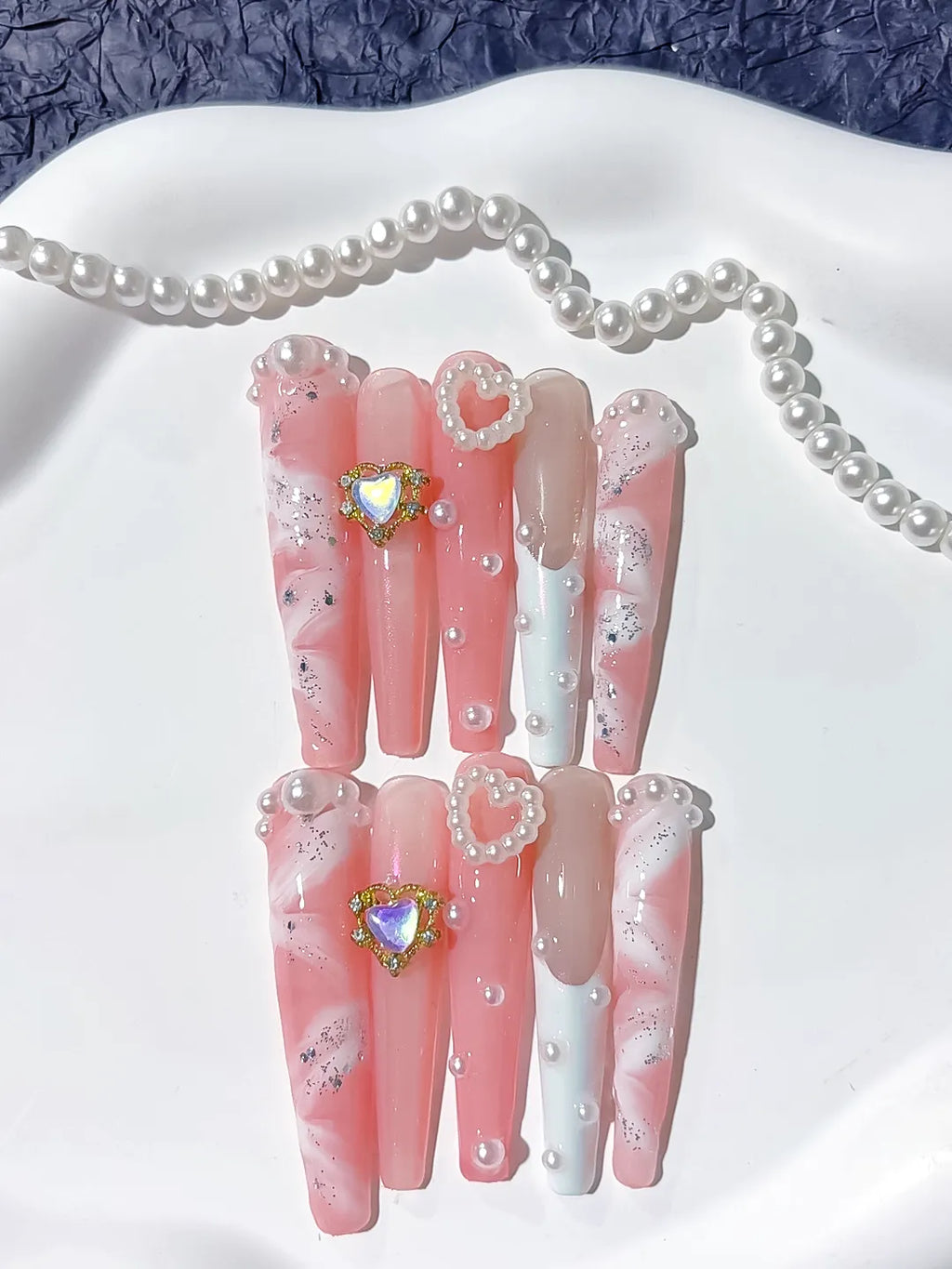 Pink White Silver Glitter Heart Pearl Rhinestone press on nails detail view