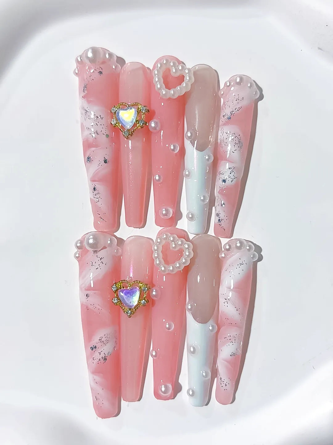 Pink White Silver Glitter Heart Pearl Rhinestone press on nails detail view
