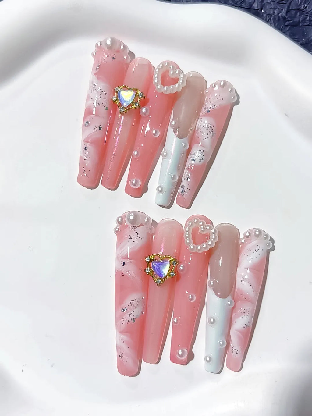 Pink White Silver Glitter Heart Pearl Rhinestone press on nails detail view