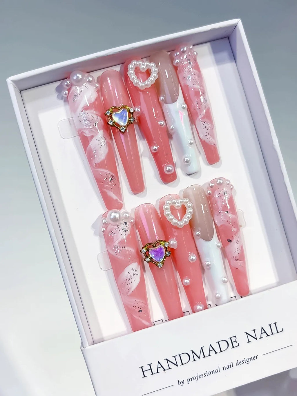 Pink White Silver Glitter Heart Pearl Rhinestone press on nails angled view