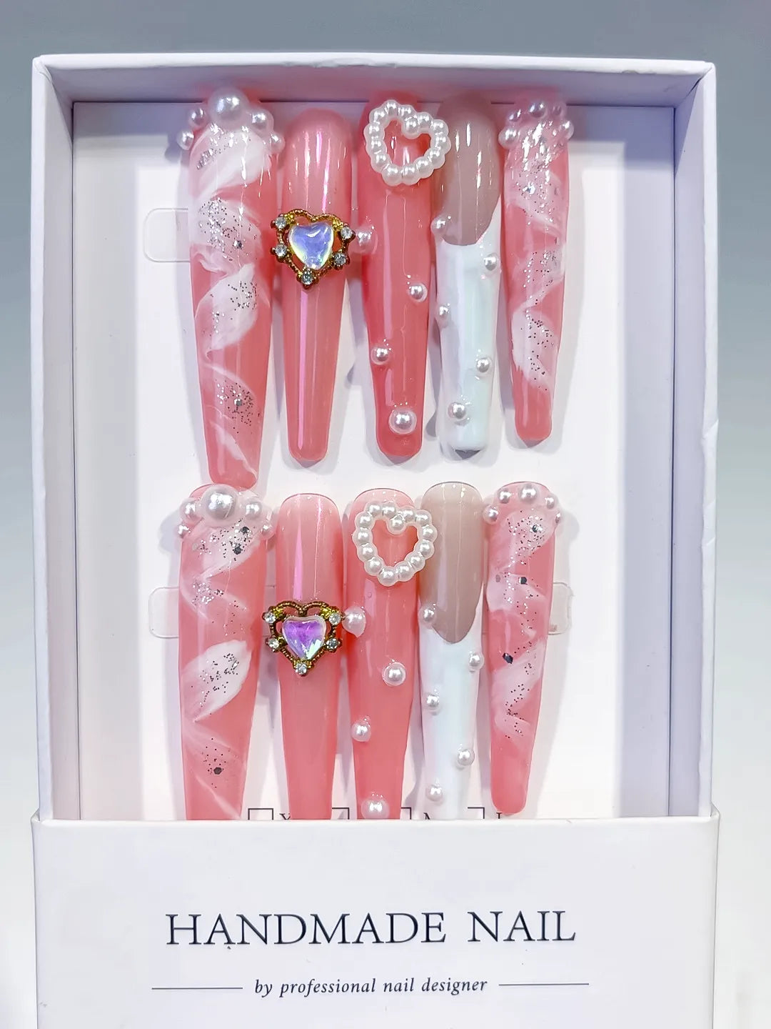 Pink White Silver Glitter Heart Pearl Rhinestone press on nails full set view