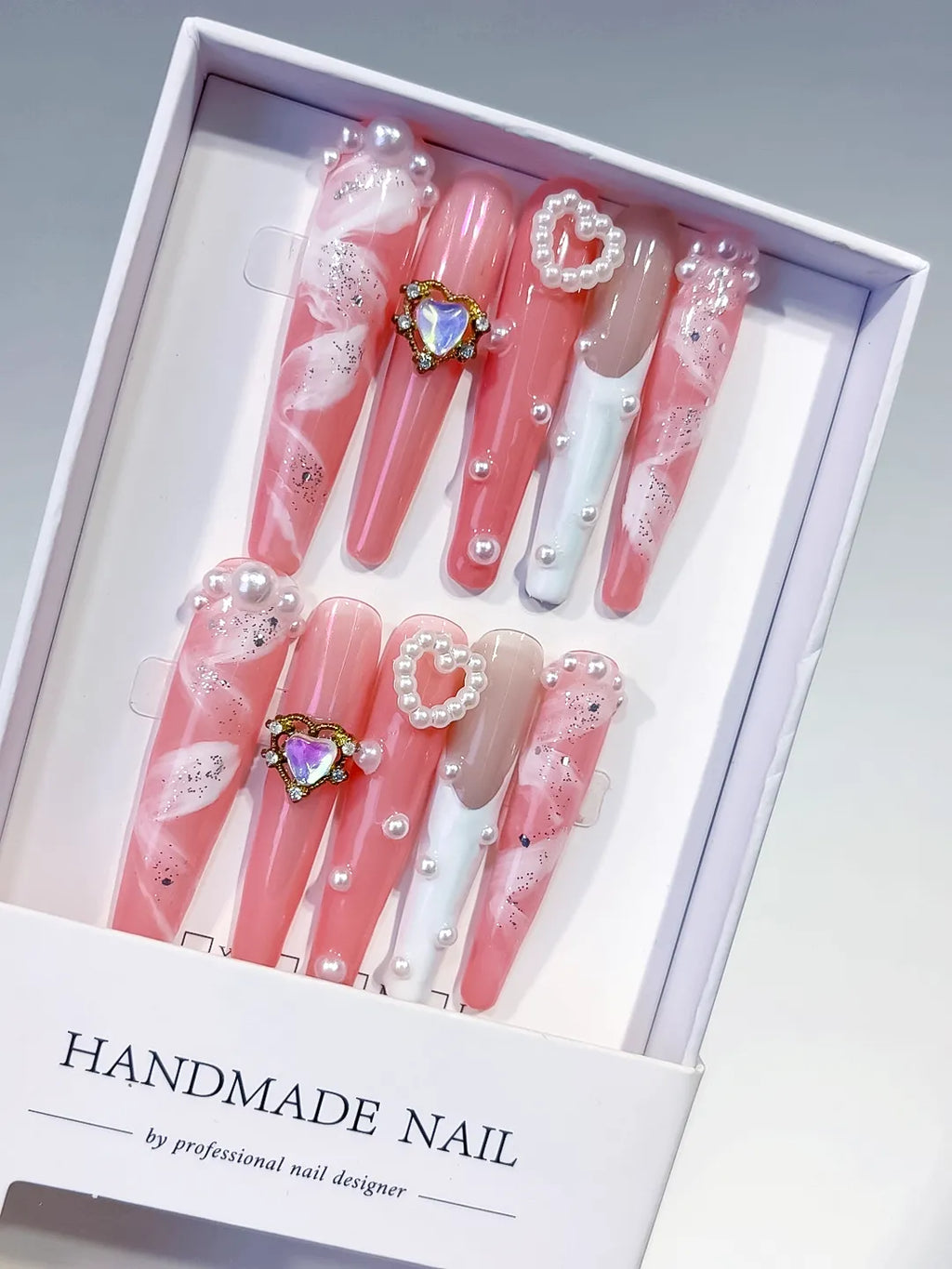 Pink White Silver Glitter Heart Pearl Rhinestone press on nails