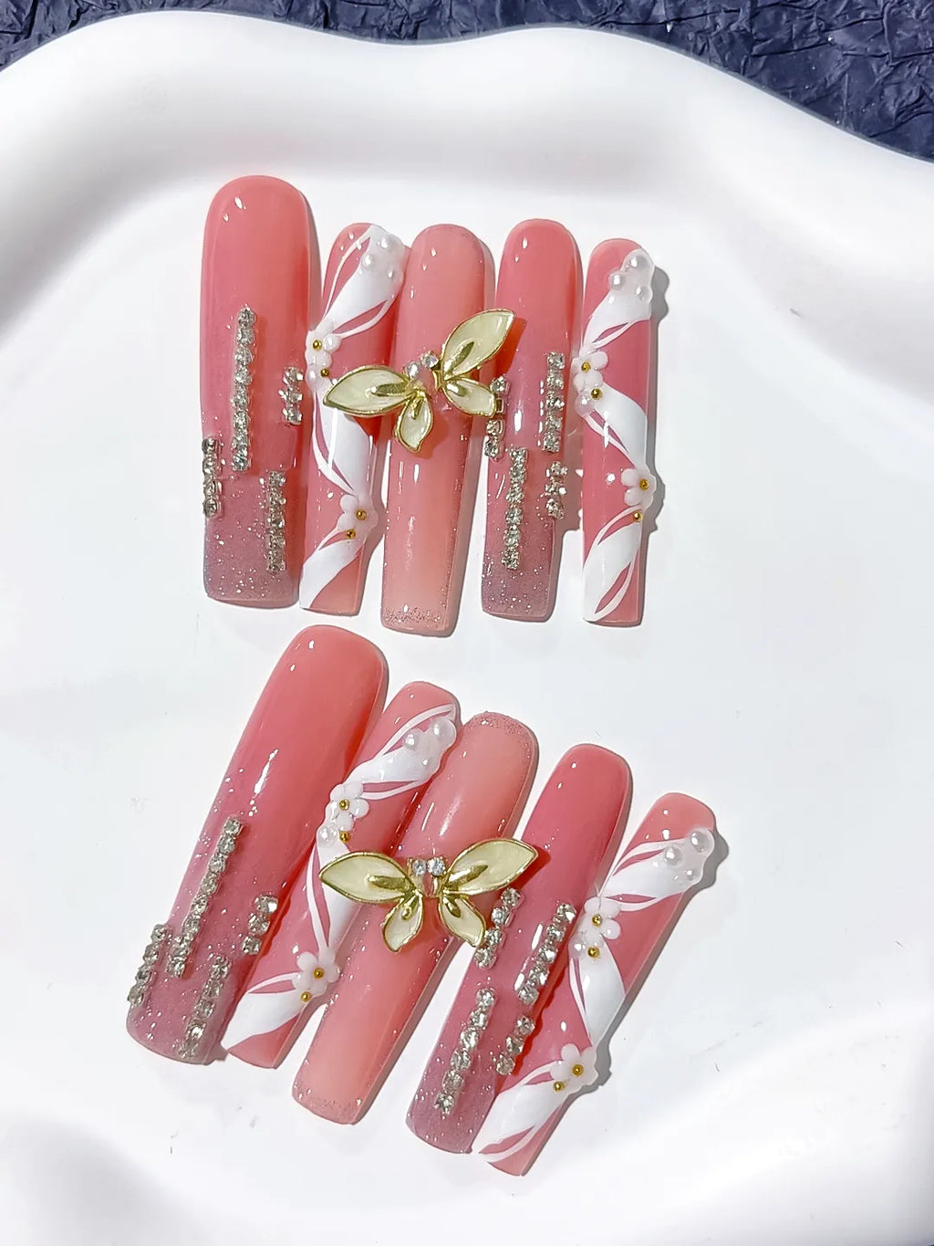 Pink White Gold Silver Abstract Butterfly Rhinestone press on nails close up