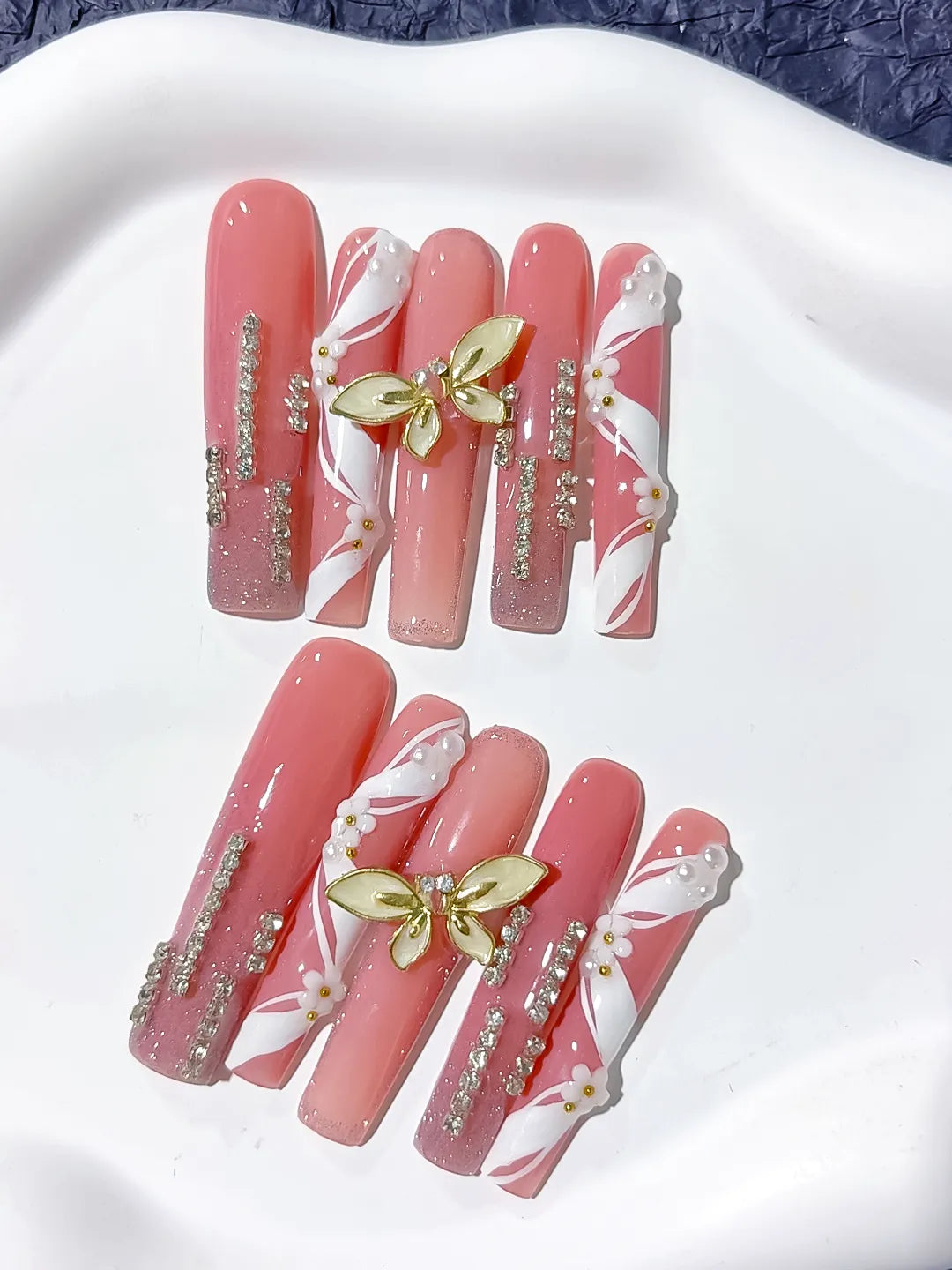 Pink White Gold Silver Abstract Butterfly Rhinestone press on nails close up