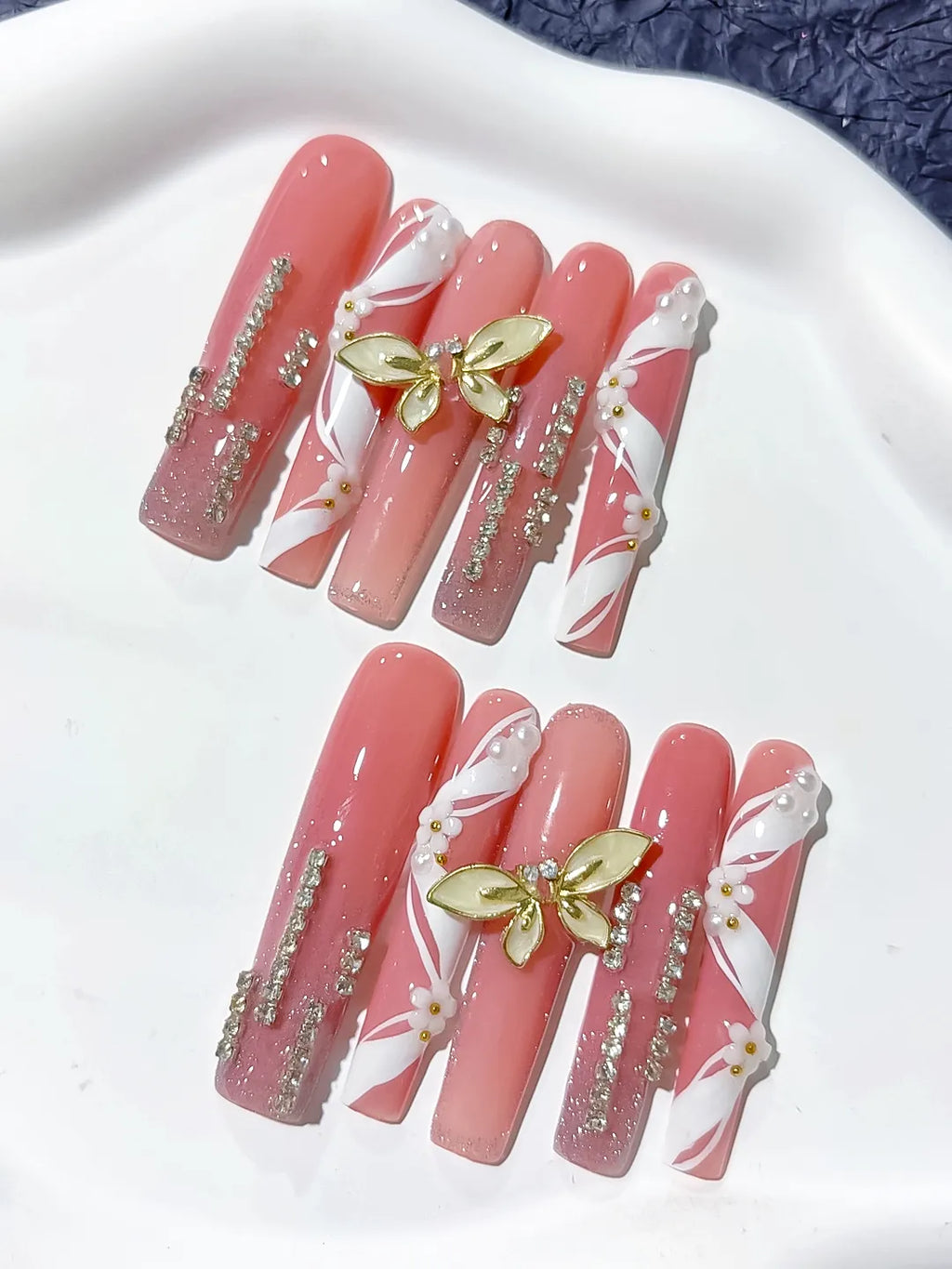 Pink White Gold Silver Abstract Butterfly Rhinestone press on nails detail view