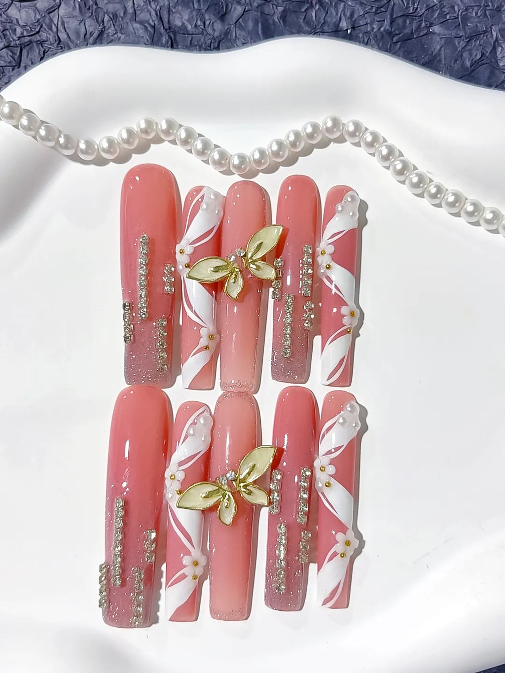 Pink White Gold Silver Abstract Butterfly Rhinestone press on nails detail view