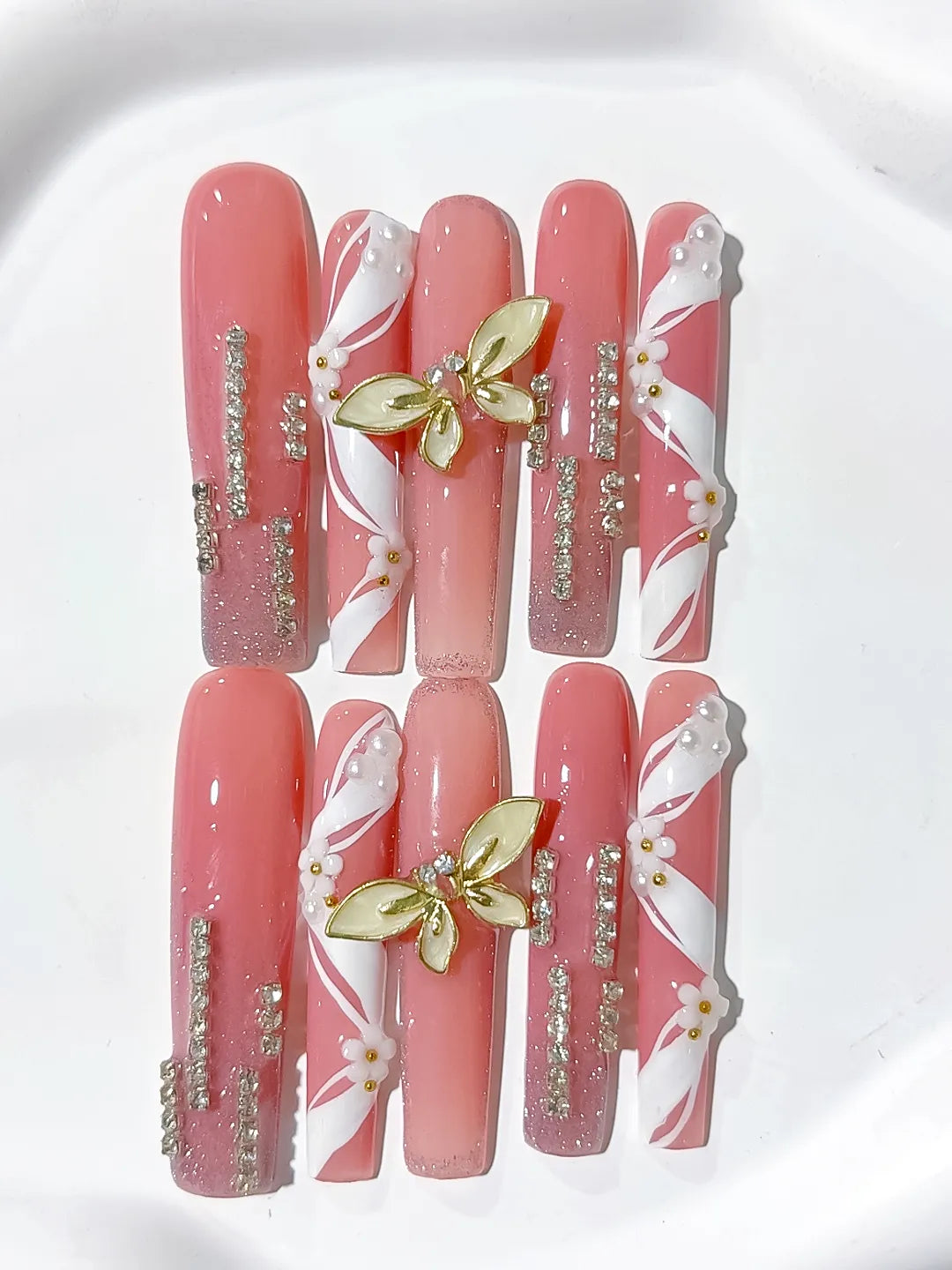 Pink White Gold Silver Abstract Butterfly Rhinestone press on nails detail view