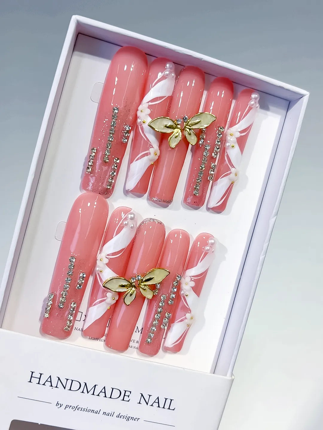 Pink White Gold Silver Abstract Butterfly Rhinestone press on nails