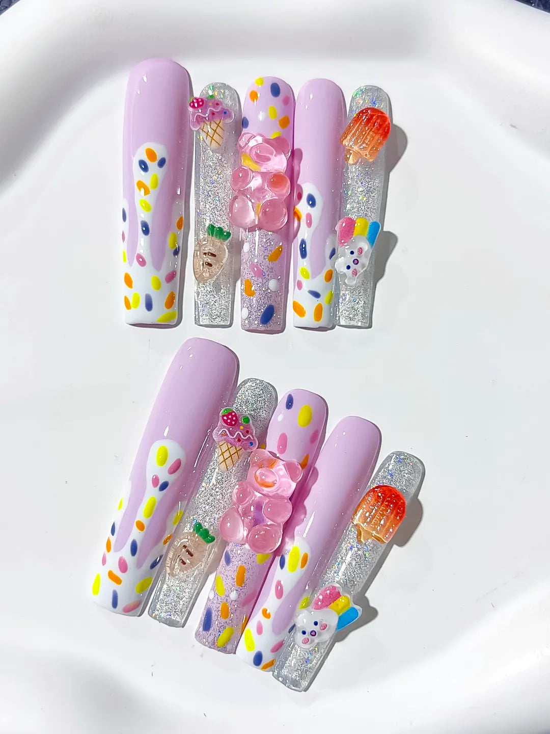 Purple White Silver Orange Yellow Pink Abstract Ice Cream Lollipop Gummy Bear Glitter 3D press on nails close up