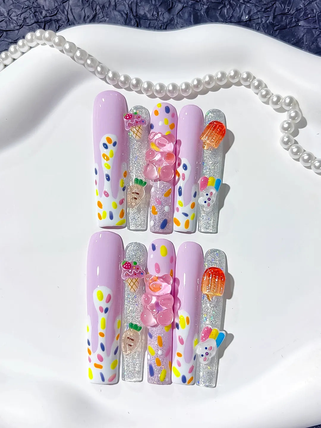 Purple White Silver Orange Yellow Pink Abstract Ice Cream Lollipop Gummy Bear Glitter 3D press on nails detail view