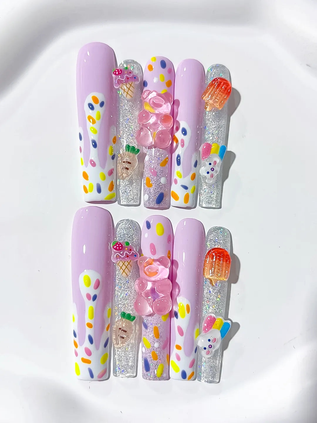 Purple White Silver Orange Yellow Pink Abstract Ice Cream Lollipop Gummy Bear Glitter 3D press on nails detail view