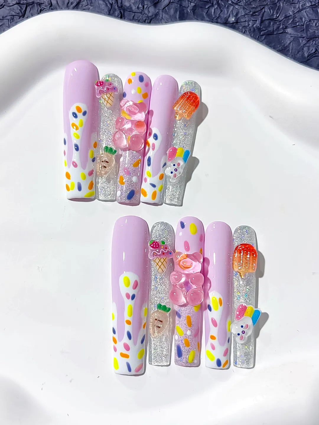Purple White Silver Orange Yellow Pink Abstract Ice Cream Lollipop Gummy Bear Glitter 3D press on nails detail view