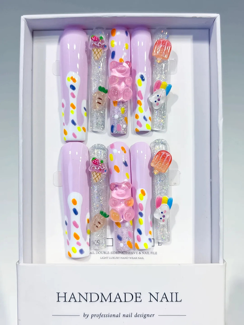Purple White Silver Orange Yellow Pink Abstract Ice Cream Lollipop Gummy Bear Glitter 3D press on nails full set view