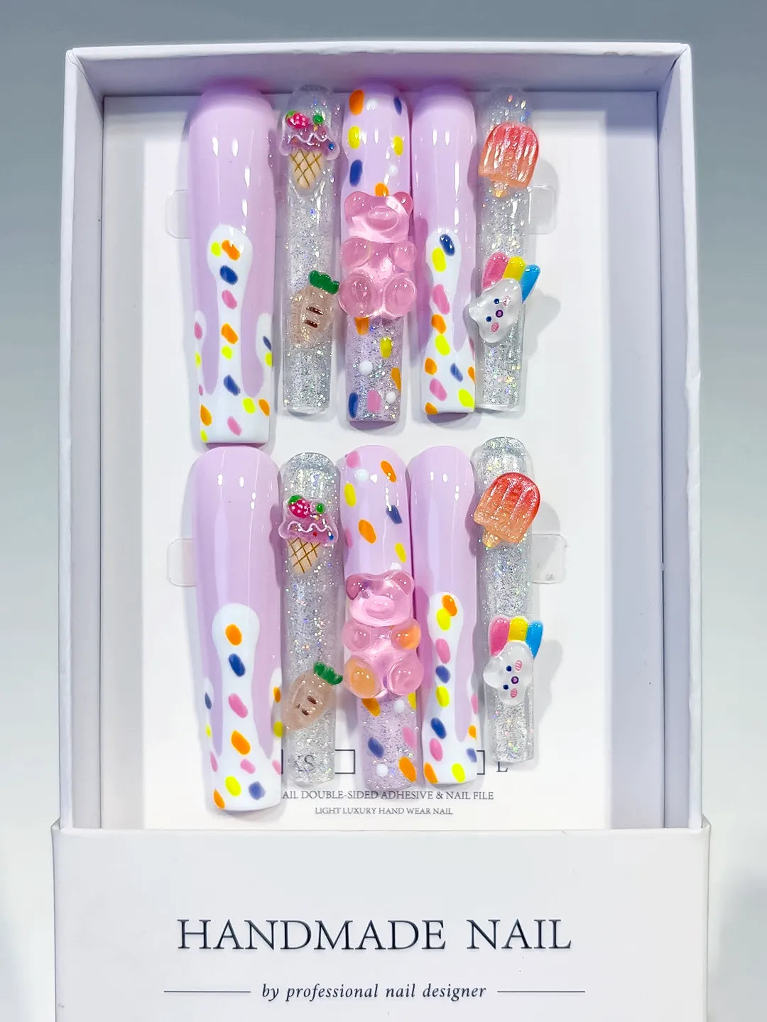 Purple White Silver Orange Yellow Pink Abstract Ice Cream Lollipop Gummy Bear Glitter 3D press on nails full set view