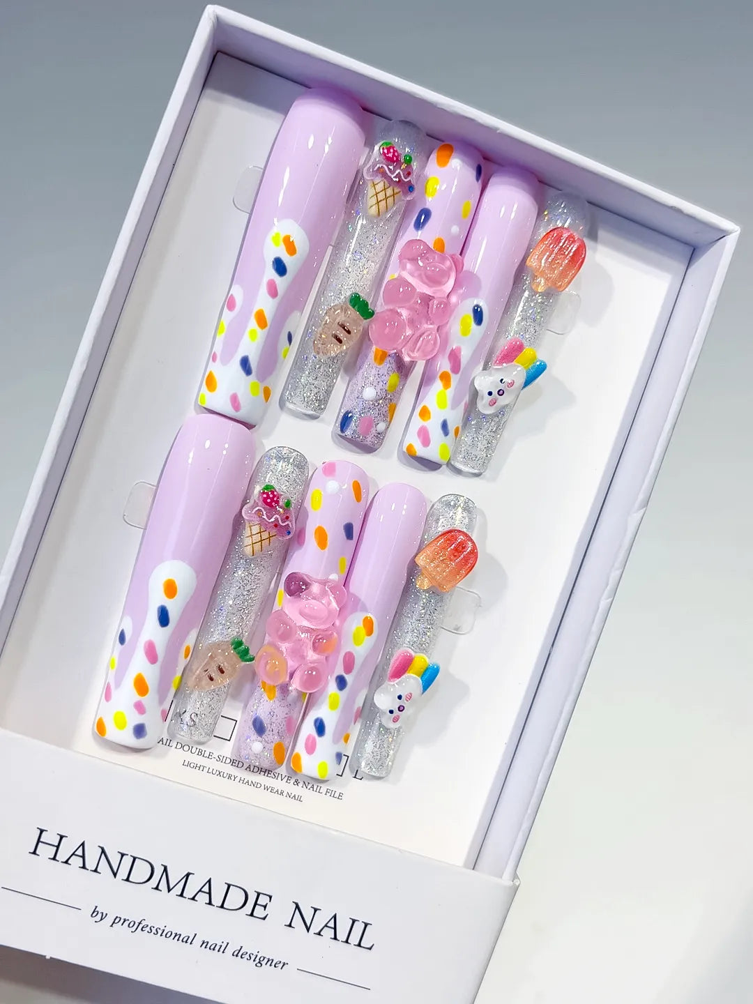 Purple White Silver Orange Yellow Pink Abstract Ice Cream Lollipop Gummy Bear Glitter 3D press on nails