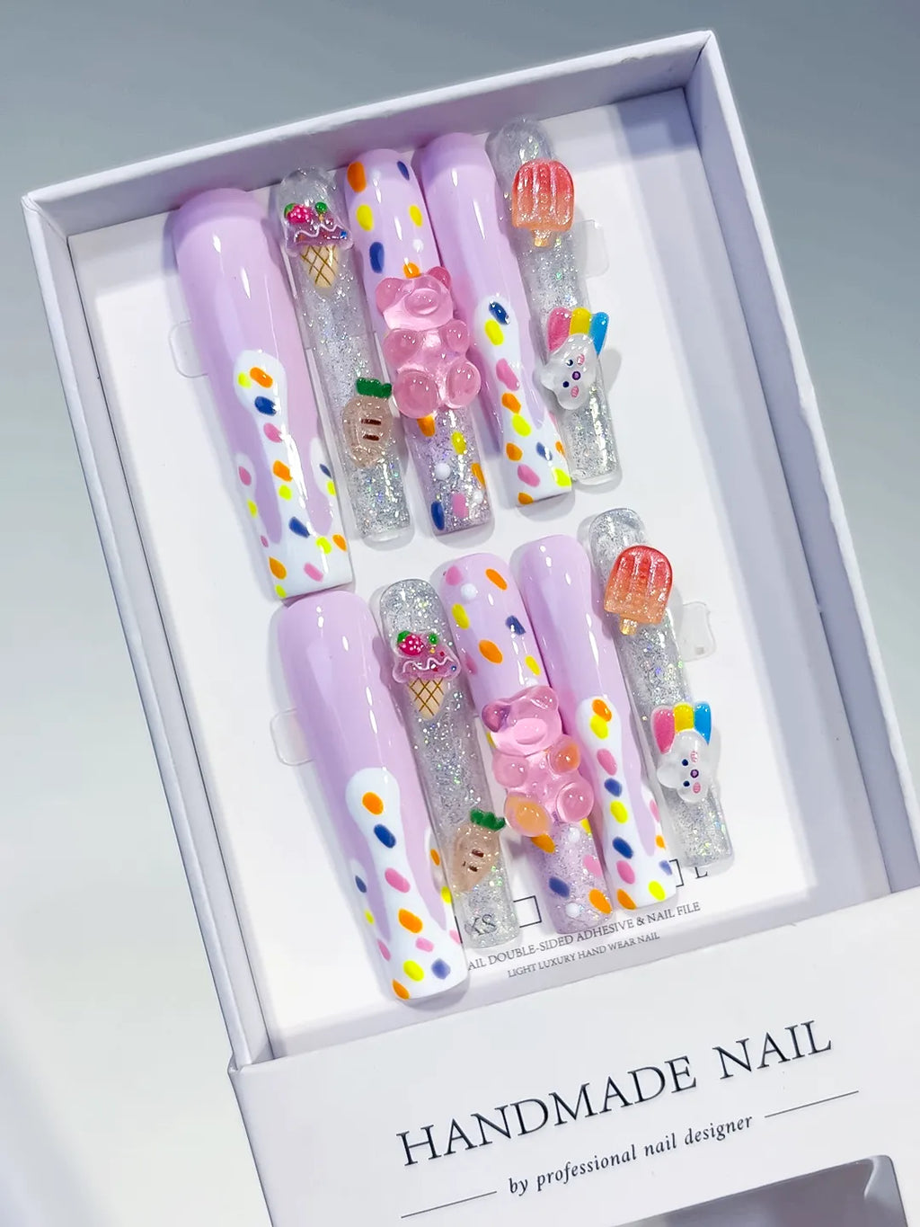 Purple White Silver Orange Yellow Pink Abstract Ice Cream Lollipop Gummy Bear Glitter 3D press on nails angled view