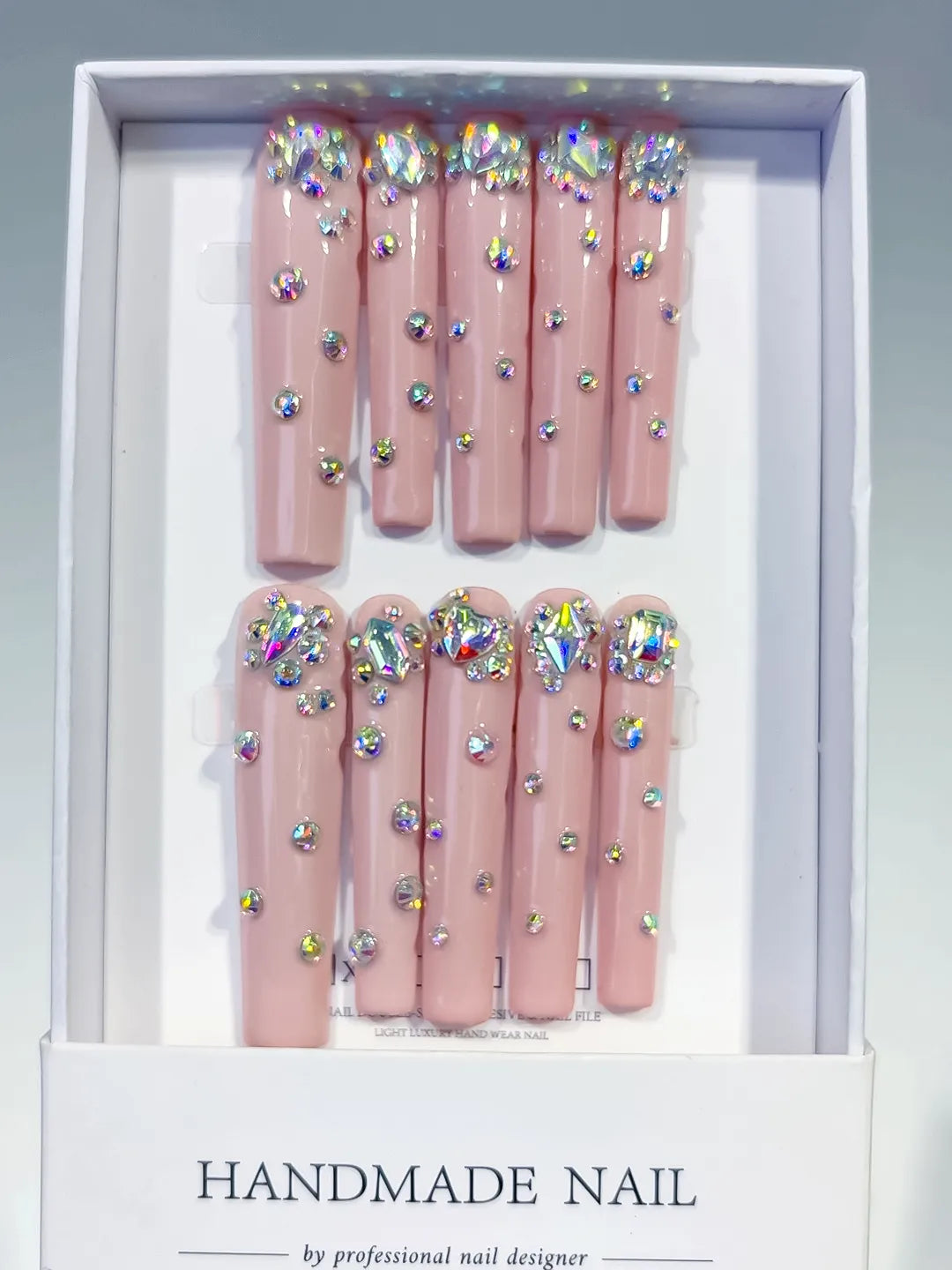 Nude Pink Silver Multicolor Glitter press on nails full set view