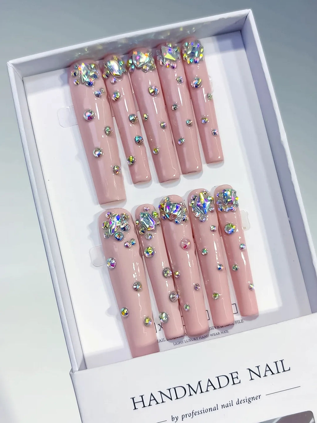 Nude Pink Silver Multicolor Glitter press on nails angled view
