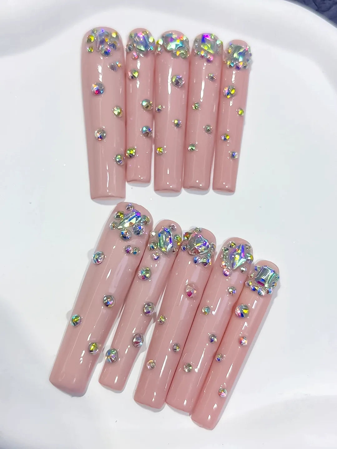 Nude Pink Silver Multicolor Glitter press on nails close up