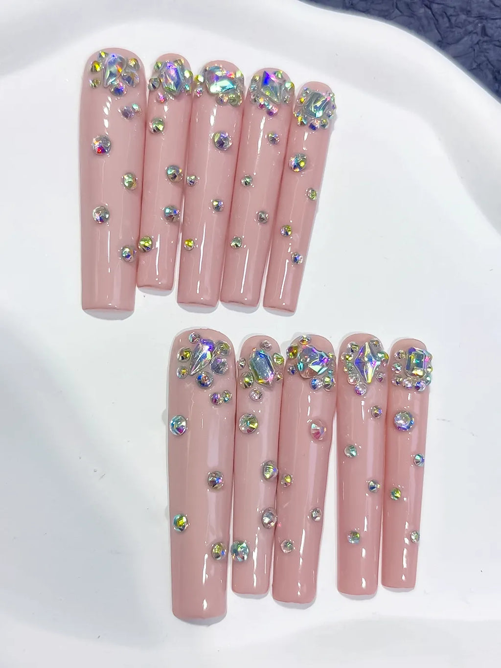 Nude Pink Silver Multicolor Glitter press on nails detail view