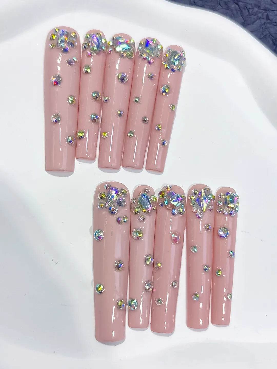 Nude Pink Silver Multicolor Glitter press on nails detail view
