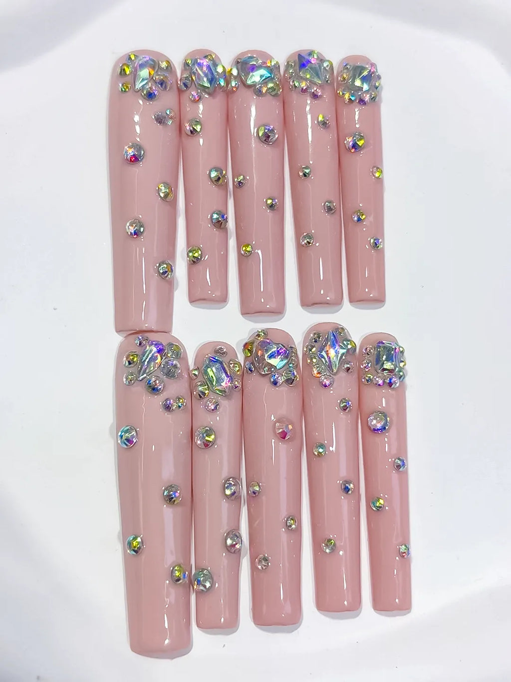 Nude Pink Silver Multicolor Glitter press on nails detail view