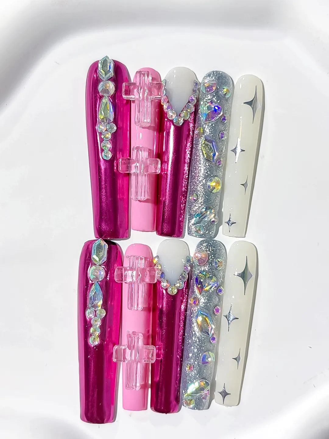 Pink White Silver Multicolor Metallic Bow Star Rhinestone 3D press on nails close up