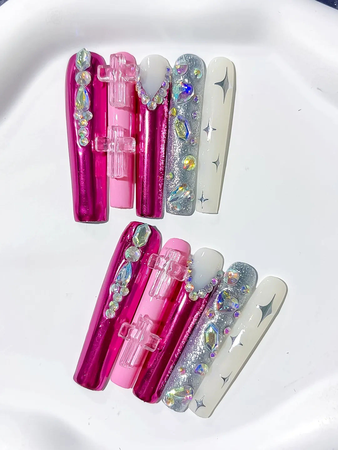 Pink White Silver Multicolor Metallic Bow Star Rhinestone 3D press on nails detail view
