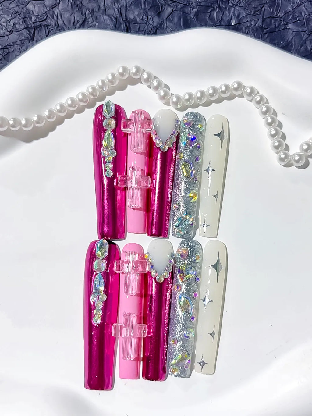 Pink White Silver Multicolor Metallic Bow Star Rhinestone 3D press on nails detail view