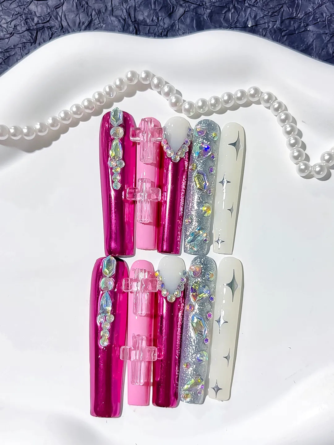 Pink White Silver Multicolor Metallic Bow Star Rhinestone 3D press on nails detail view