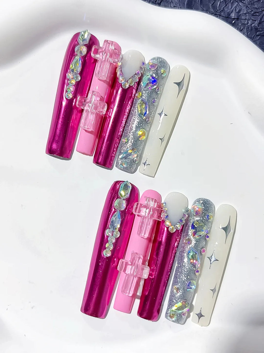 Pink White Silver Multicolor Metallic Bow Star Rhinestone 3D press on nails detail view