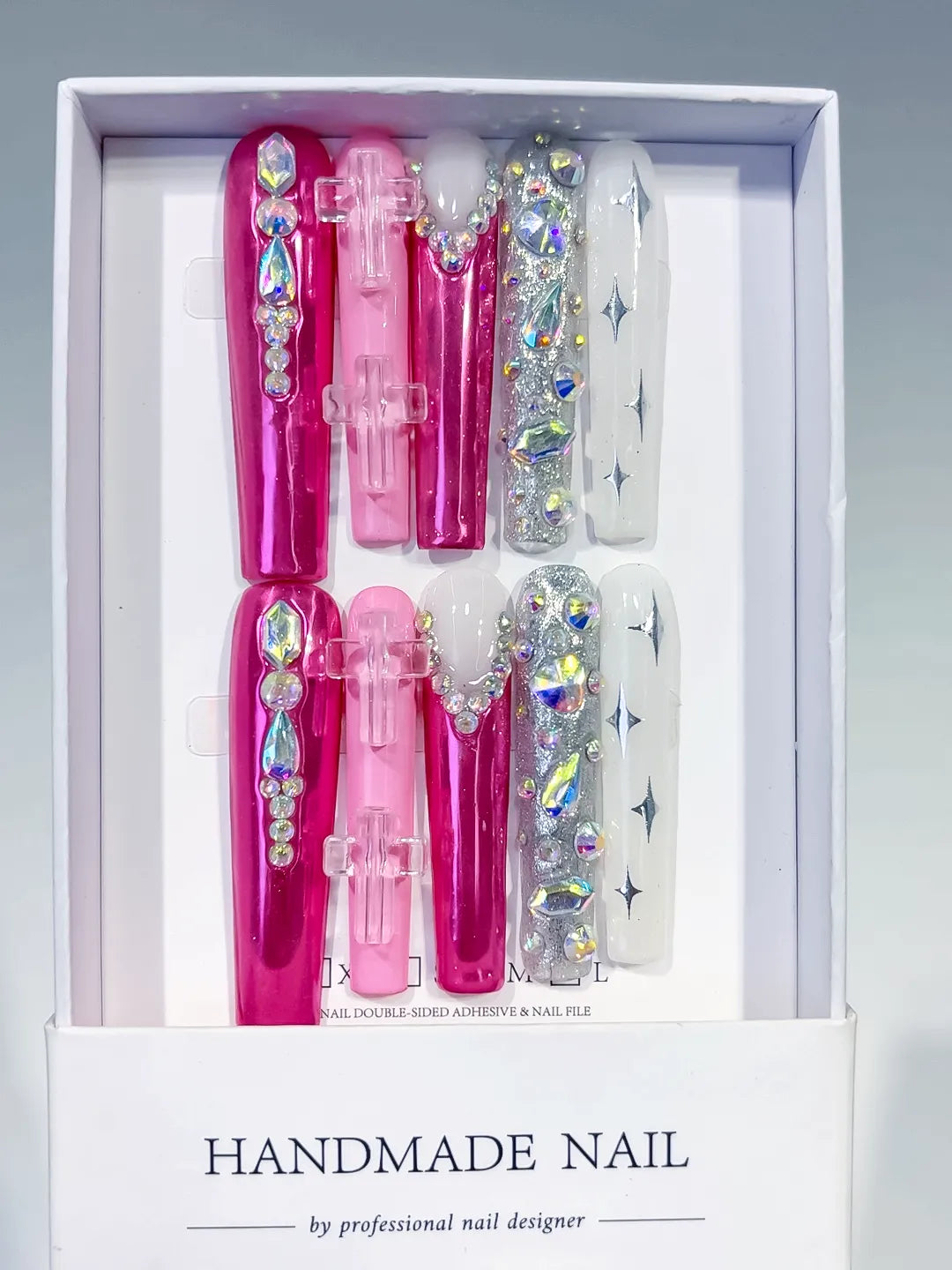 Pink White Silver Multicolor Metallic Bow Star Rhinestone 3D press on nails full set view