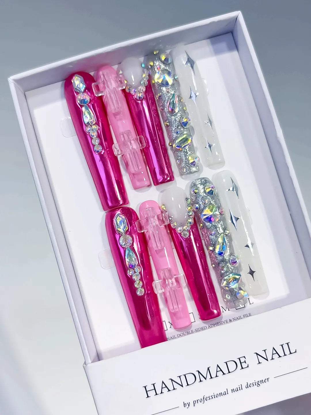 Pink White Silver Multicolor Metallic Bow Star Rhinestone 3D press on nails angled view