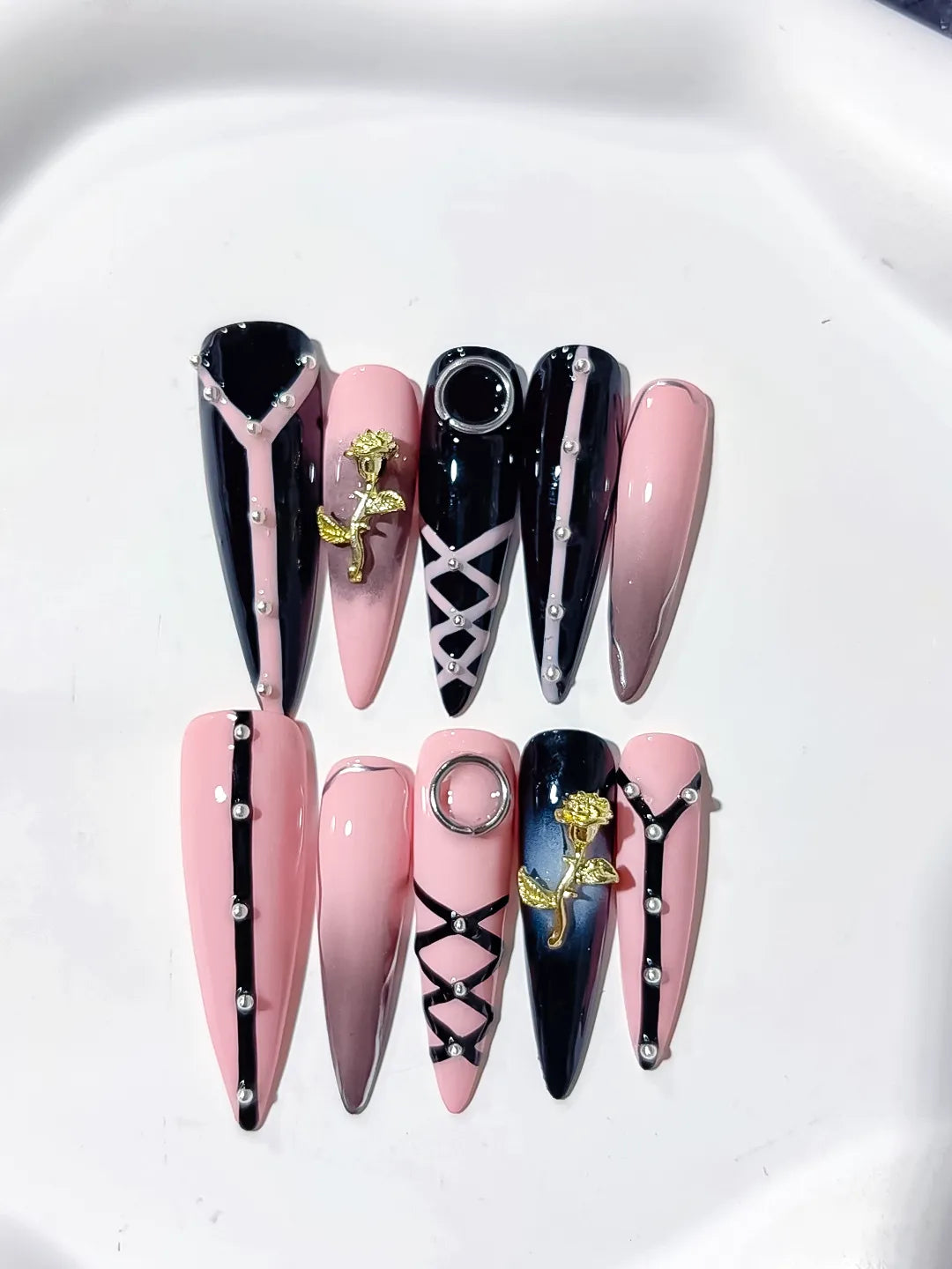 Pink Black Silver Gold Abstract Rose Lattice Piercing Rhinestone press on nails close up