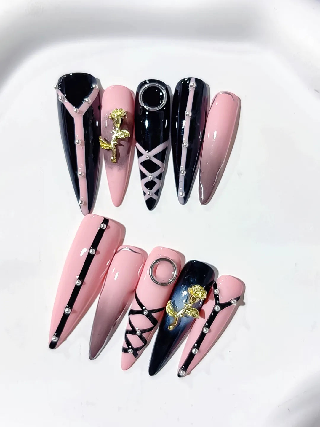 Pink Black Silver Gold Abstract Rose Lattice Piercing Rhinestone press on nails detail view