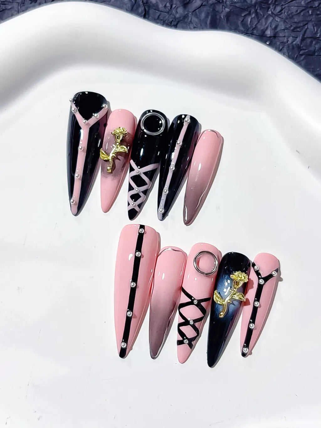 Pink Black Silver Gold Abstract Rose Lattice Piercing Rhinestone press on nails detail view