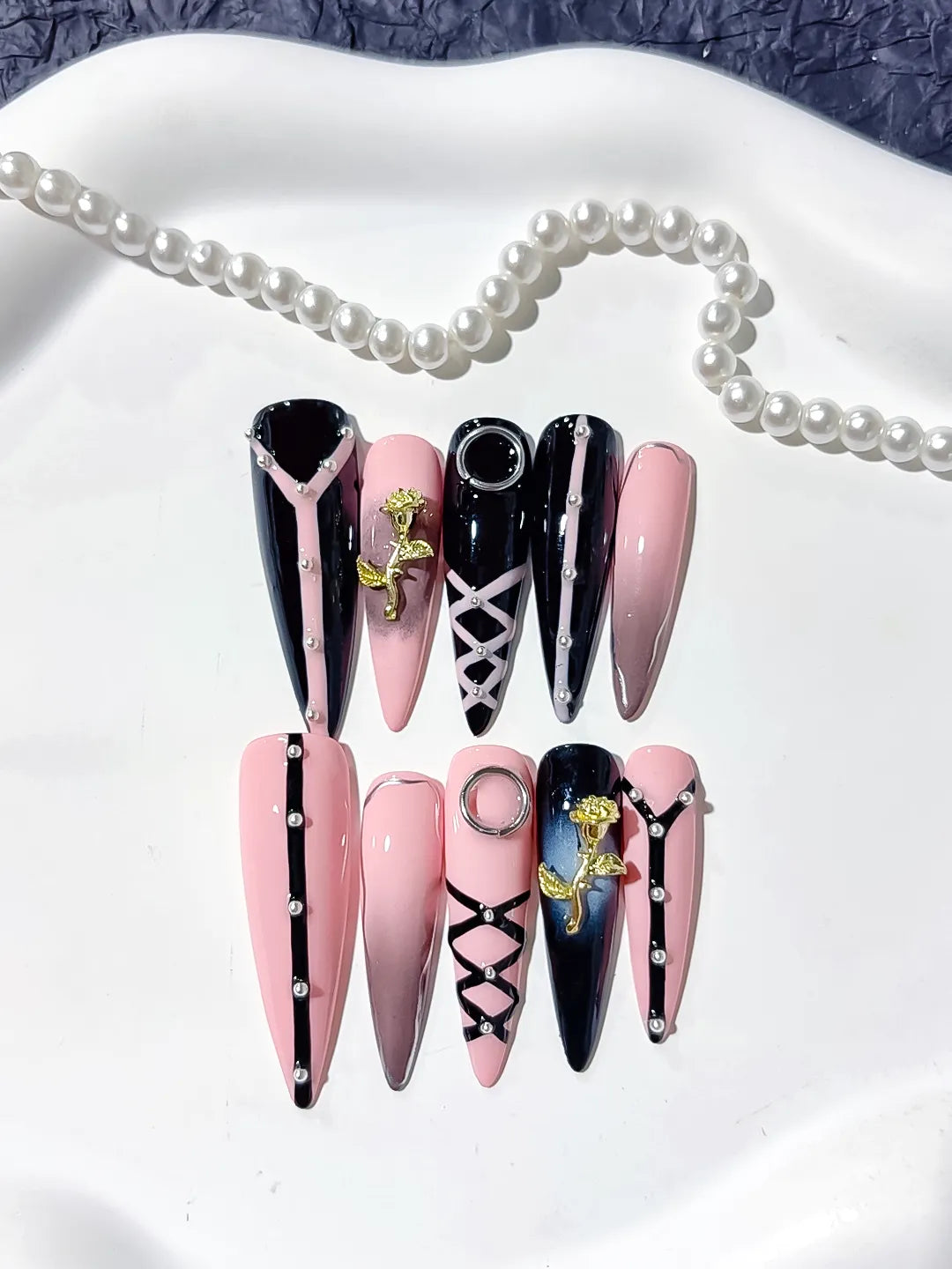 Pink Black Silver Gold Abstract Rose Lattice Piercing Rhinestone press on nails detail view