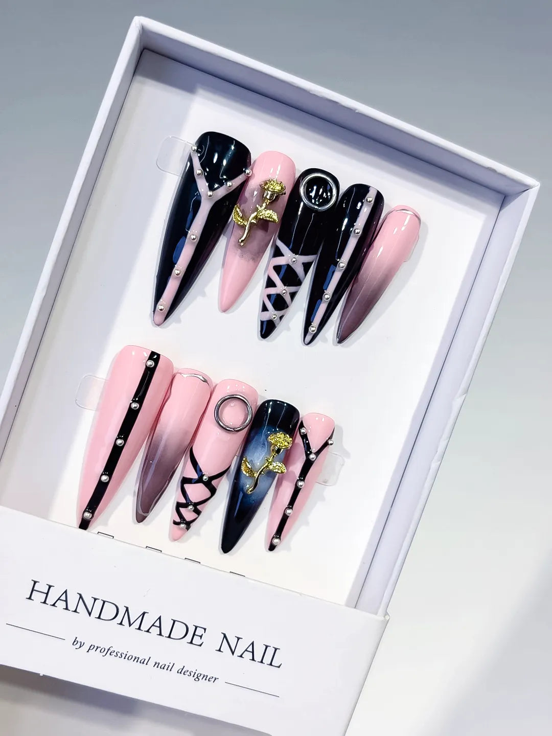 Pink Black Silver Gold Abstract Rose Lattice Piercing Rhinestone press on nails