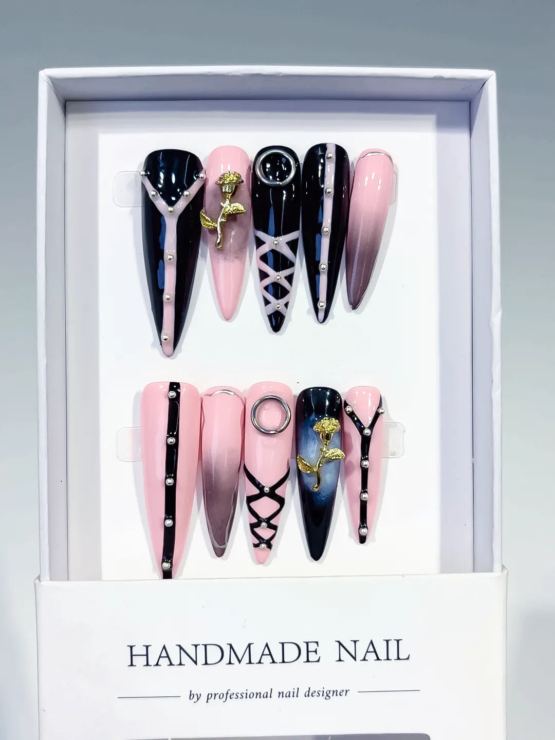 Pink Black Silver Gold Abstract Rose Lattice Piercing Rhinestone press on nails full set view