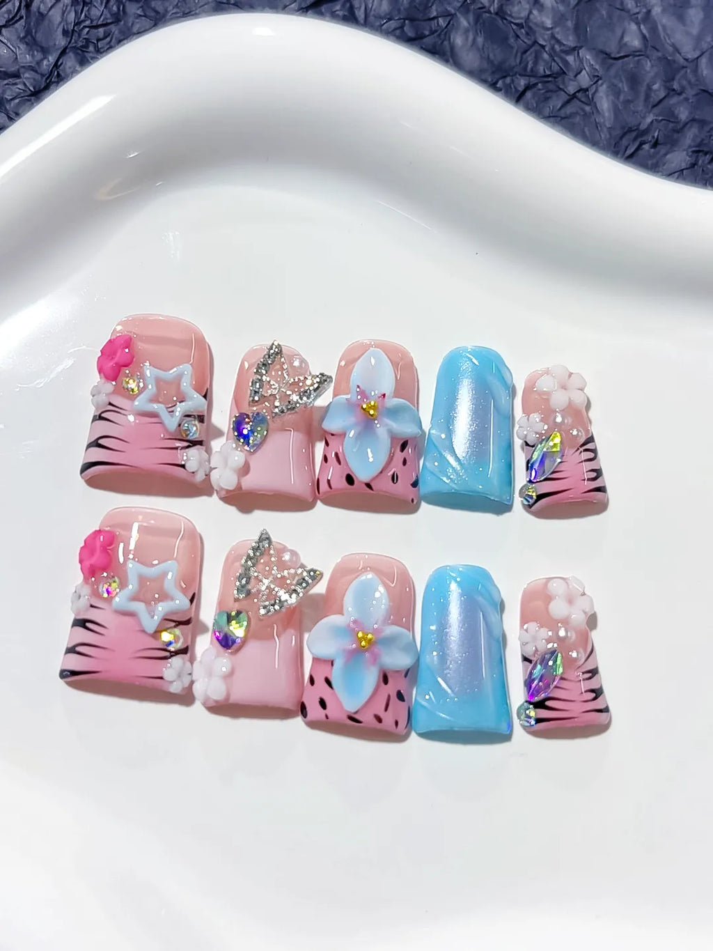 Pink Blue Black White Silver Abstract Flower Butterfly Star Rhinestone 3D press on nails close up