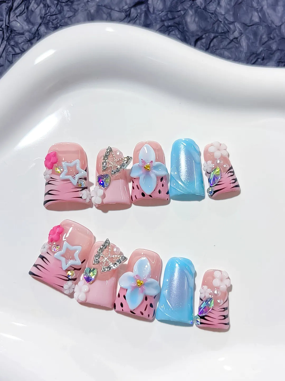 Pink Blue Black White Silver Abstract Flower Butterfly Star Rhinestone 3D press on nails detail view