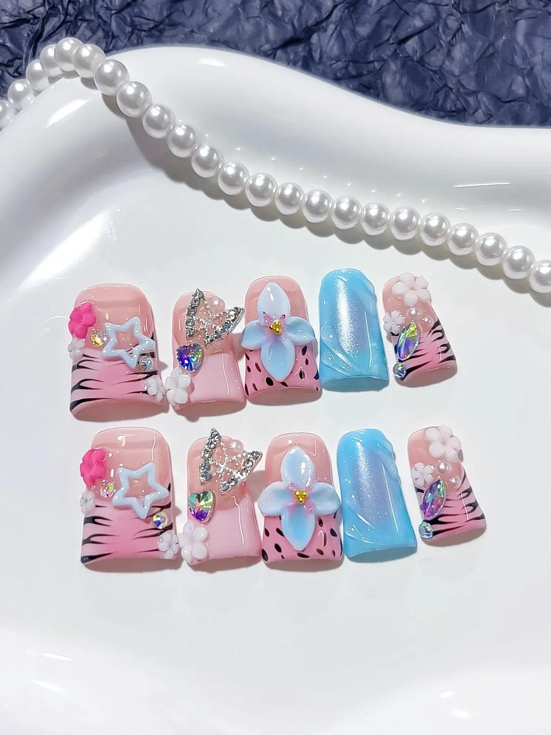 Pink Blue Black White Silver Abstract Flower Butterfly Star Rhinestone 3D press on nails detail view