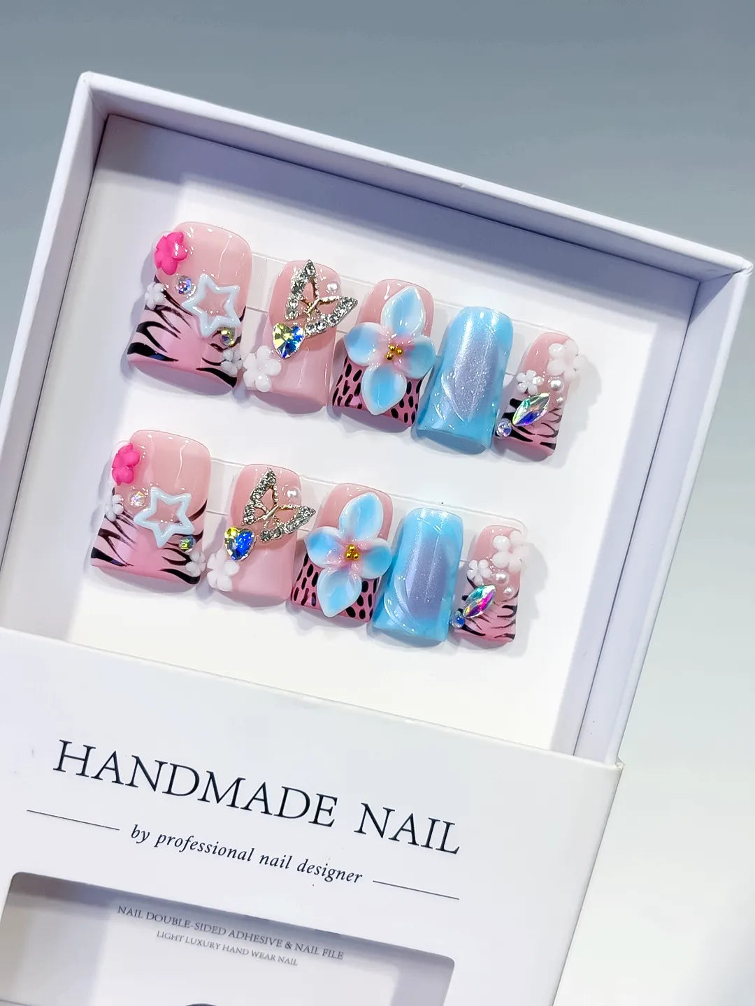 Pink Blue Black White Silver Abstract Flower Butterfly Star Rhinestone 3D press on nails