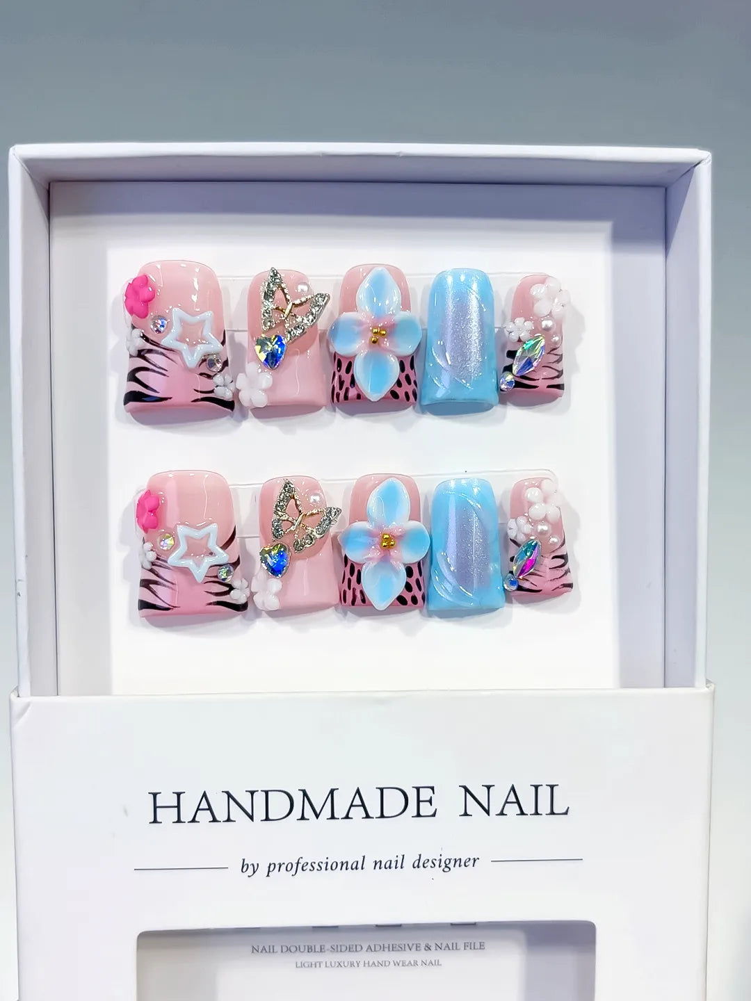 Pink Blue Black White Silver Abstract Flower Butterfly Star Rhinestone 3D press on nails full set view