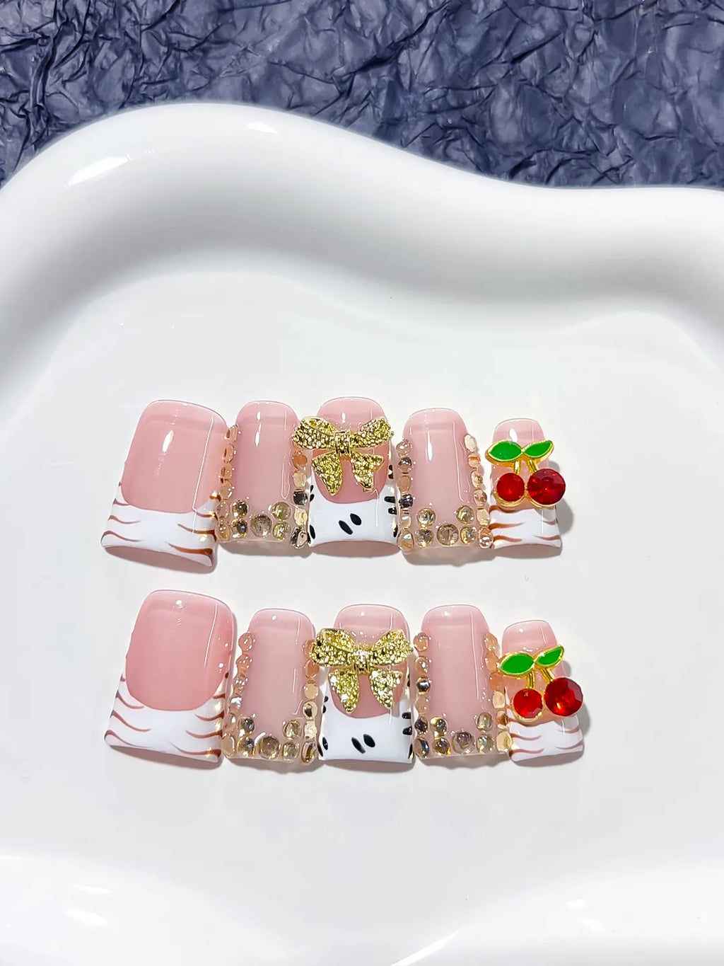 Pink White Gold Red French tip Bow Cherry Rhinestone 3D press on nails close up
