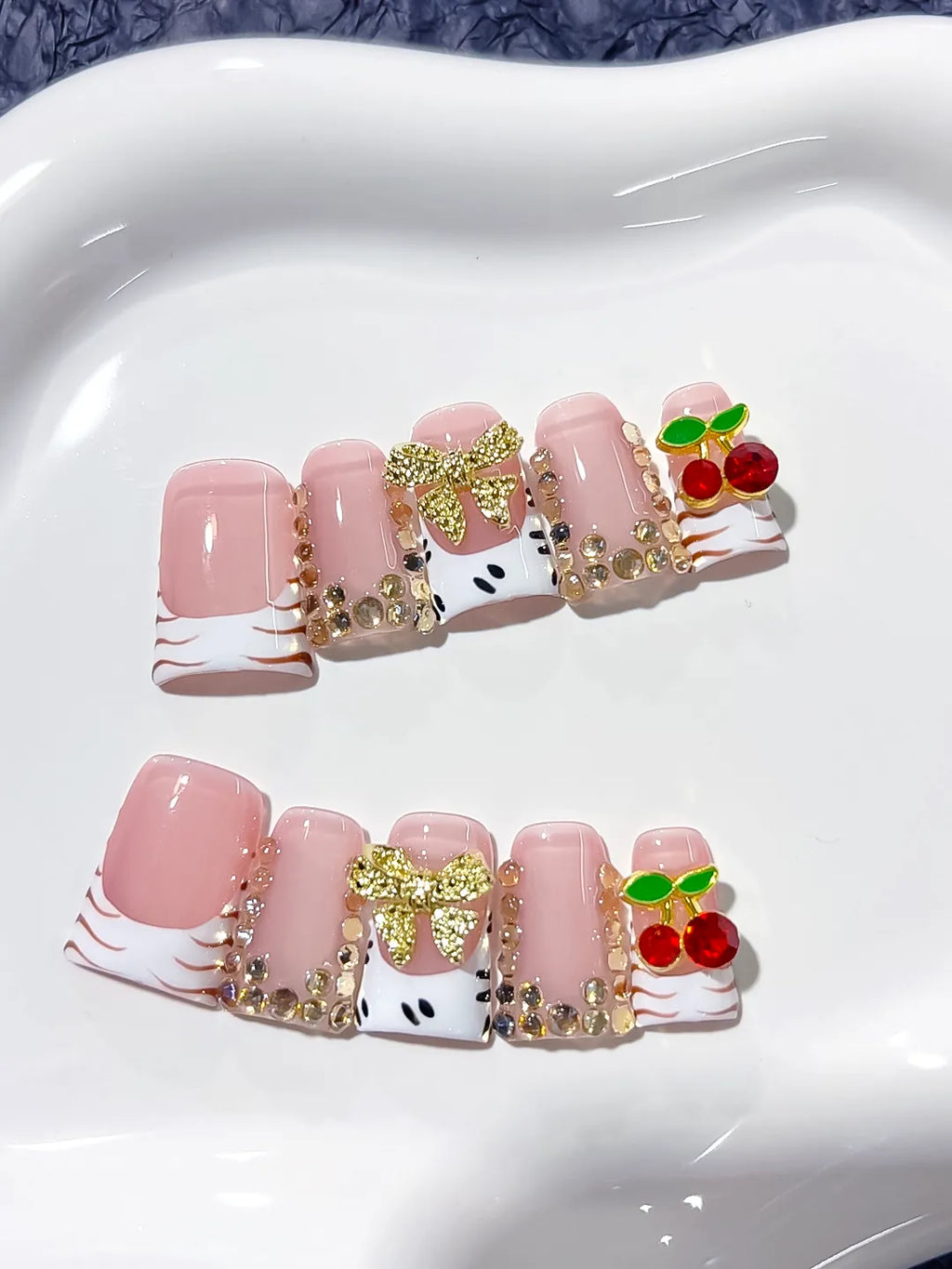 Pink White Gold Red French tip Bow Cherry Rhinestone 3D press on nails detail view