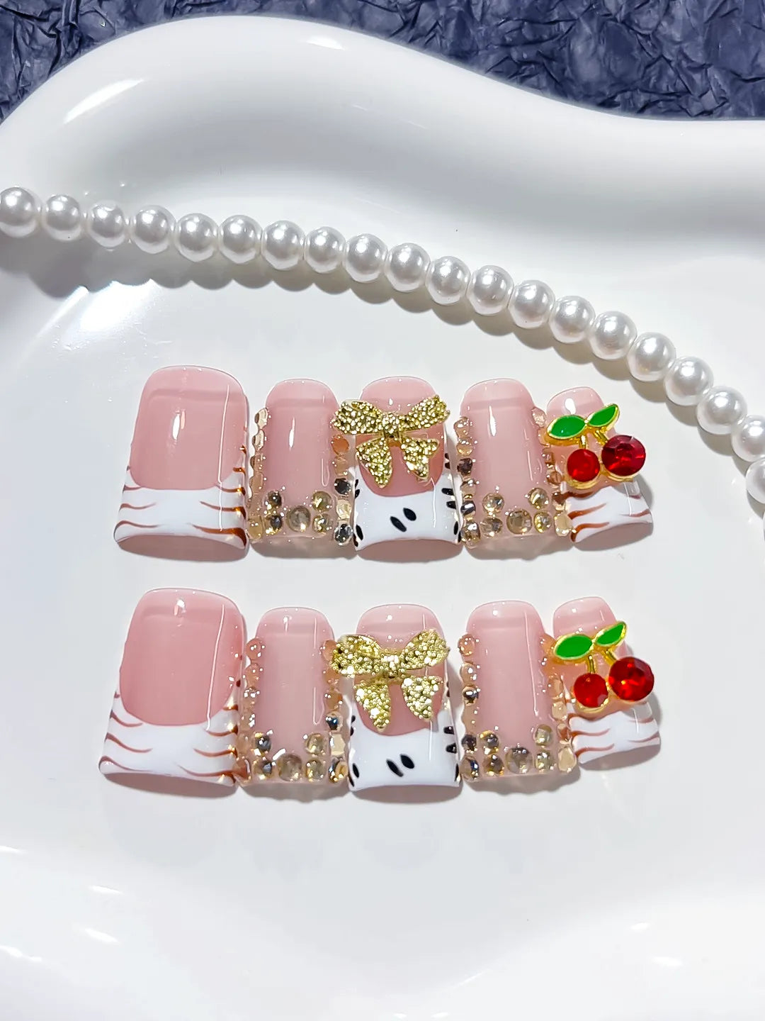 Pink White Gold Red French tip Bow Cherry Rhinestone 3D press on nails detail view