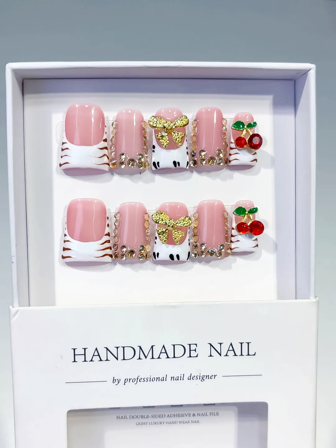 Pink White Gold Red French tip Bow Cherry Rhinestone 3D press on nails full set view